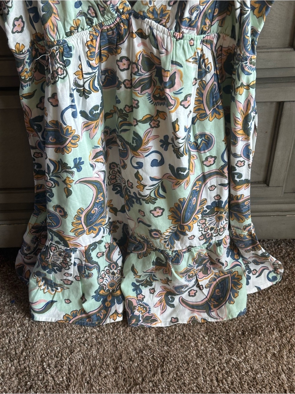 Roxy Palmy Days Mint Paisley V-Neck Ruffle Sleeve Mini Dress. Size Large - Picture 9 of 16